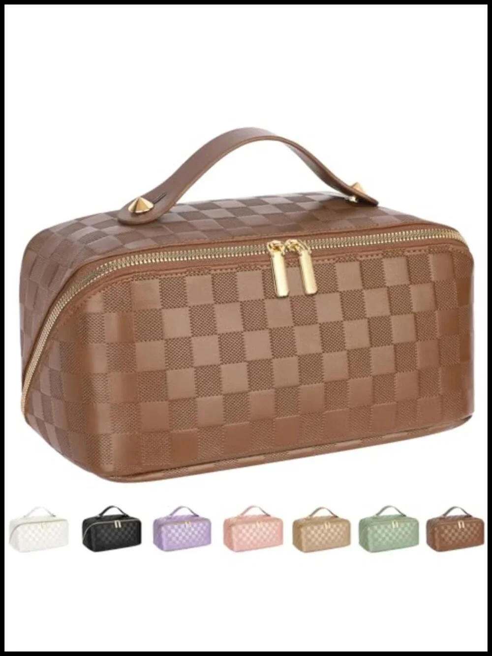 Large Capacity Travel Cosmetic Bag - Waterproof PU Leather Checkered Makeup